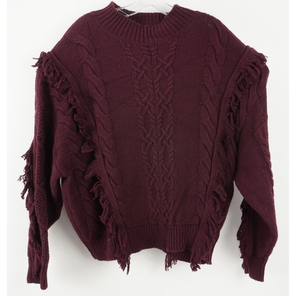 New Leith Cable Knit Fringe Sweater Women's Size 2X Burgundy Cotton Blend Mock